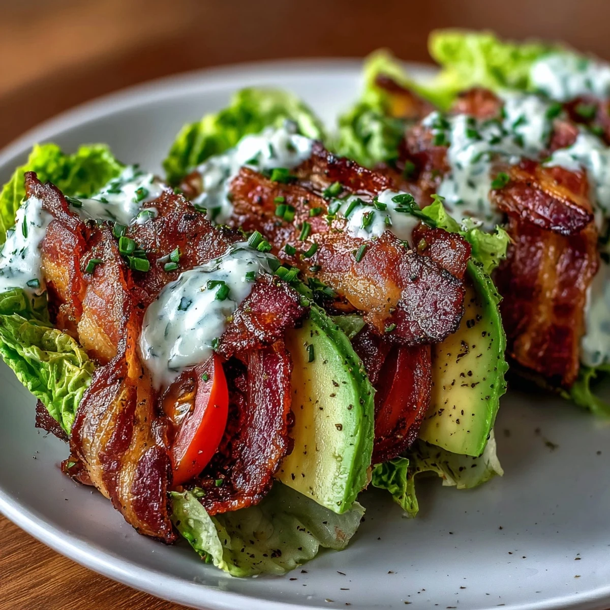 Savory Keto BLT Lettuce Wraps with Garlic Mayo and Cracked Pepper, highlighting smoky bacon, creamy avocado, and fresh tomato slices nestled in crisp lettuce leaves, drizzled with zesty garlic mayo and cracked black pepper.