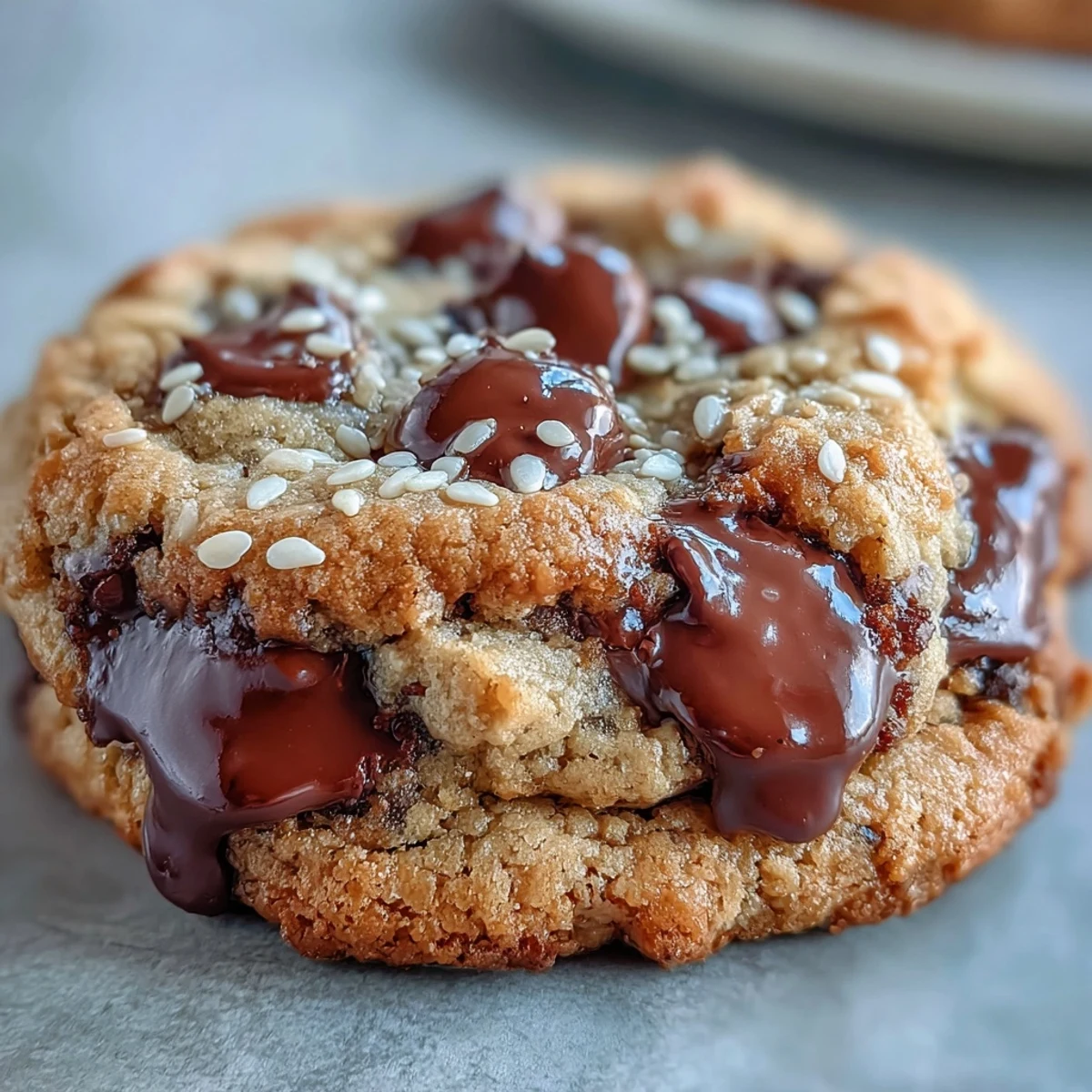 Warm, chewy tahini-chocolate chip cookies fresh from the oven, with crisp edges and gooey centers.