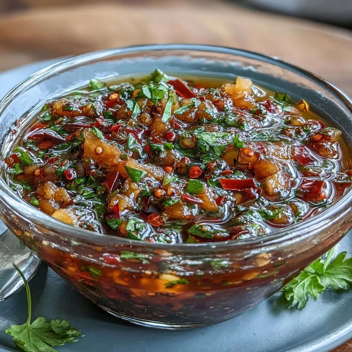 Aromatic chili garlic oil dipping sauce with fresh herbs, ideal for adding bold flavor to Asian-inspired dishes or appetizers.