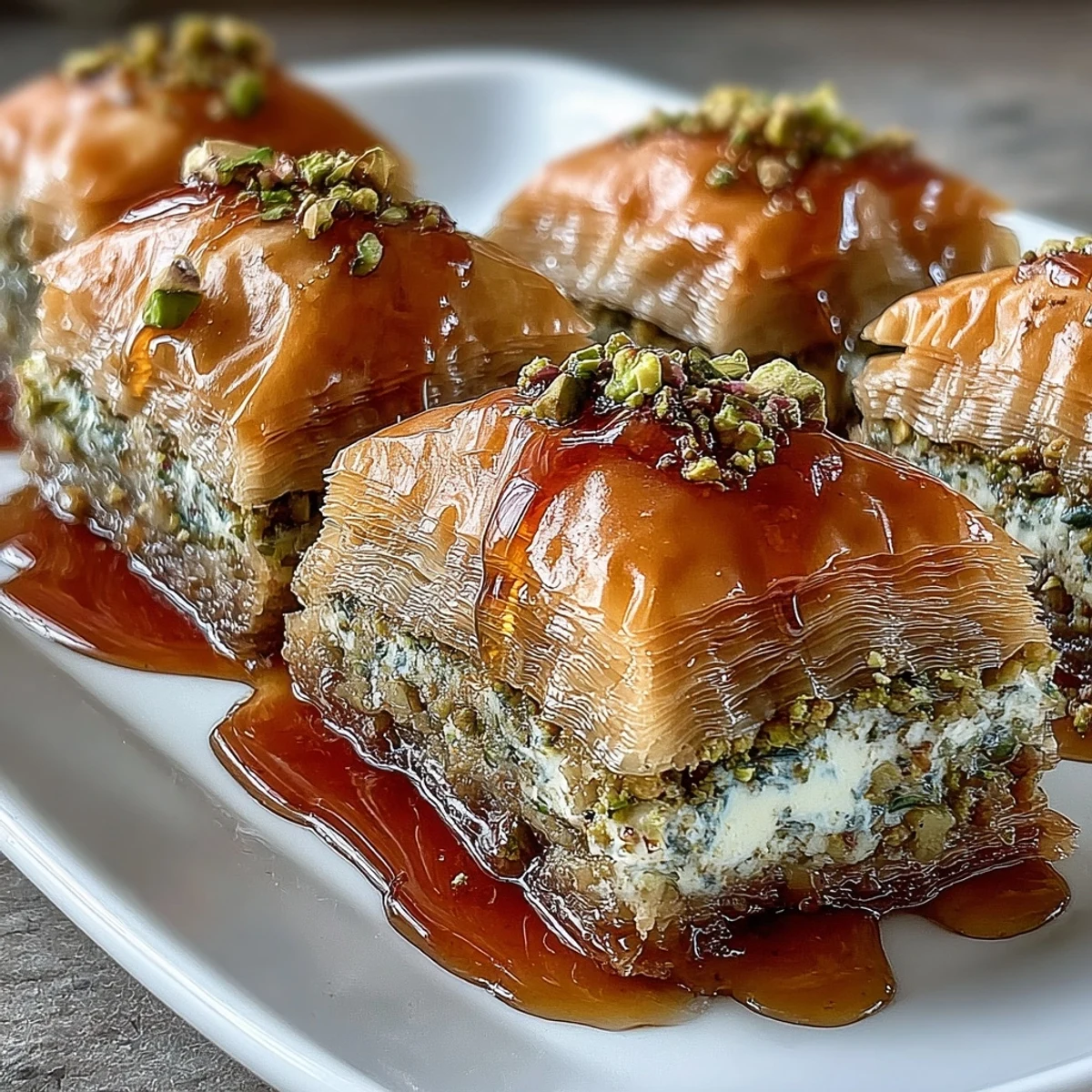Delicious Pistachio & Honey Baklava showcasing rich, nutty filling and flaky pastry, soaked in sweet honey-lemon syrup.