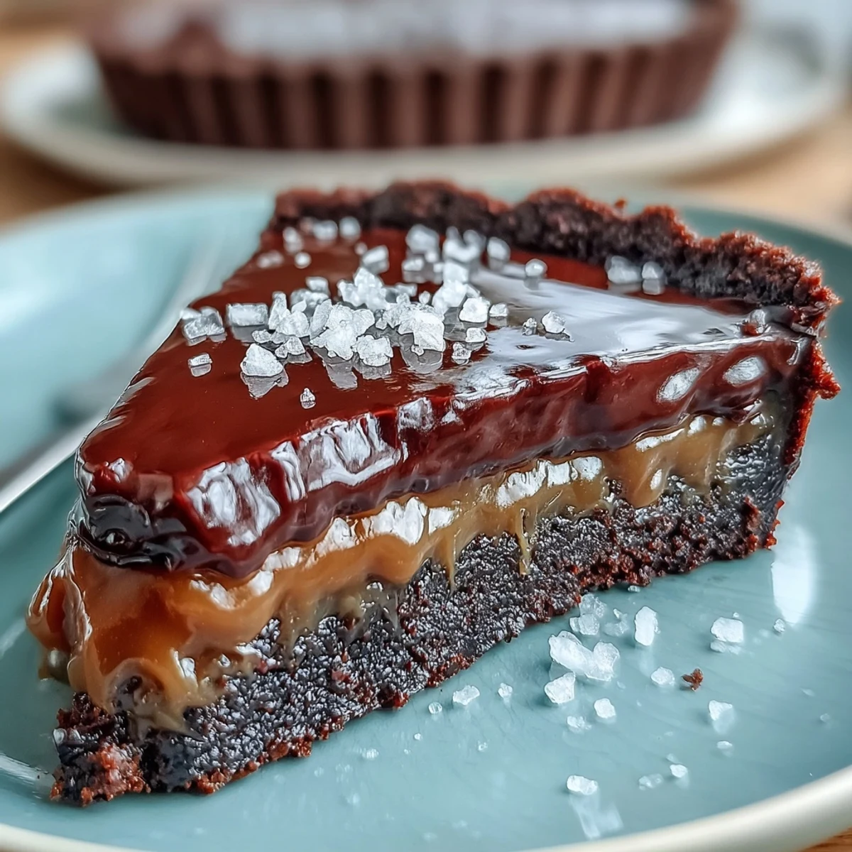 Decadent salted caramel chocolate tart with rich dark ganache and flaky sea salt topping.