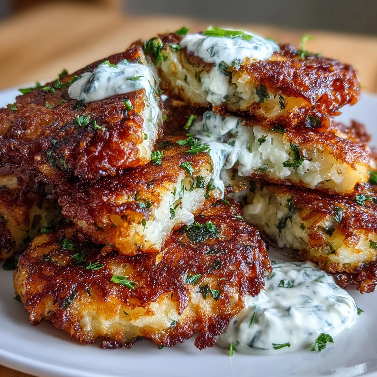 Crispy smashed potato fritters packed with fresh herbs, fried golden and served with a dollop of sour cream and chives.  