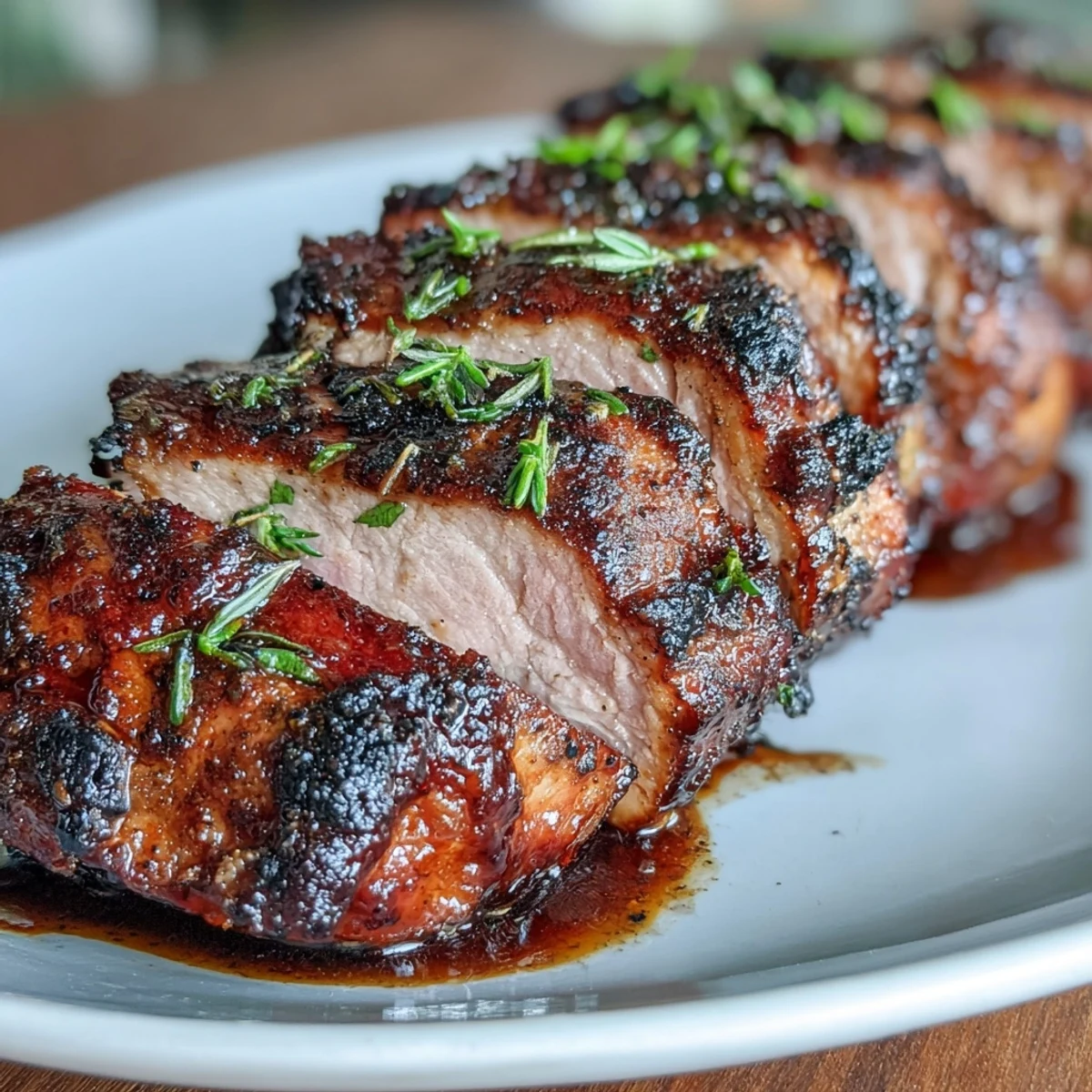 Flavorful jerk pork tenderloin with a caramelized crust, sliced and plated alongside fragrant coconut rice and grilled vegetables.