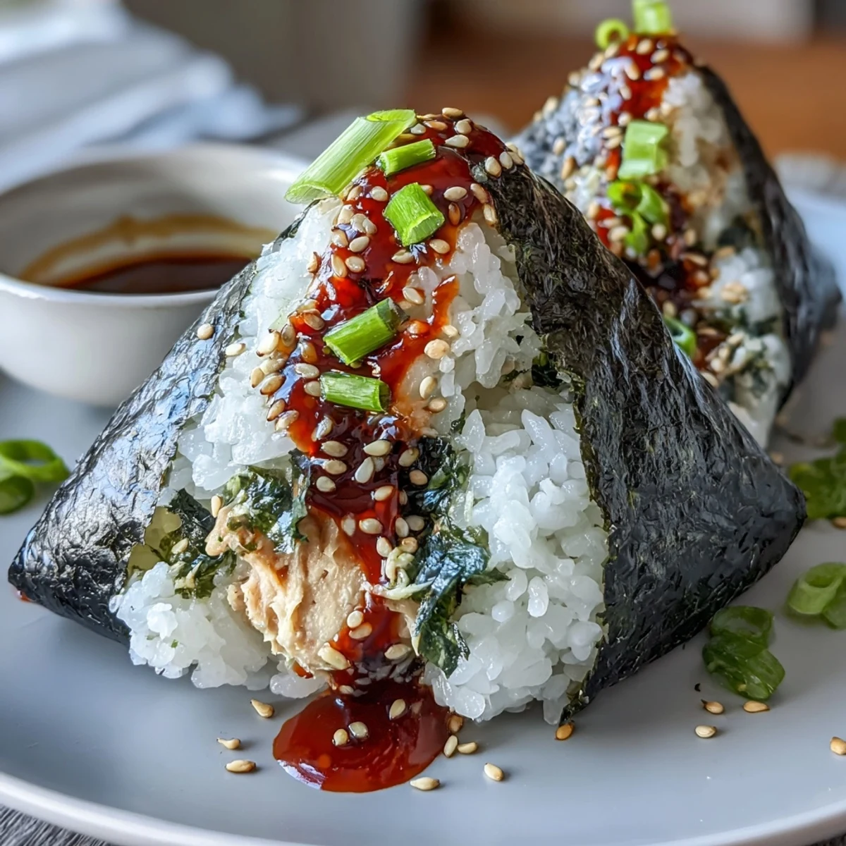 A close-up of spicy tuna onigiri with vibrant tuna filling peeking out from seasoned rice and wrapped in crisp nori.  