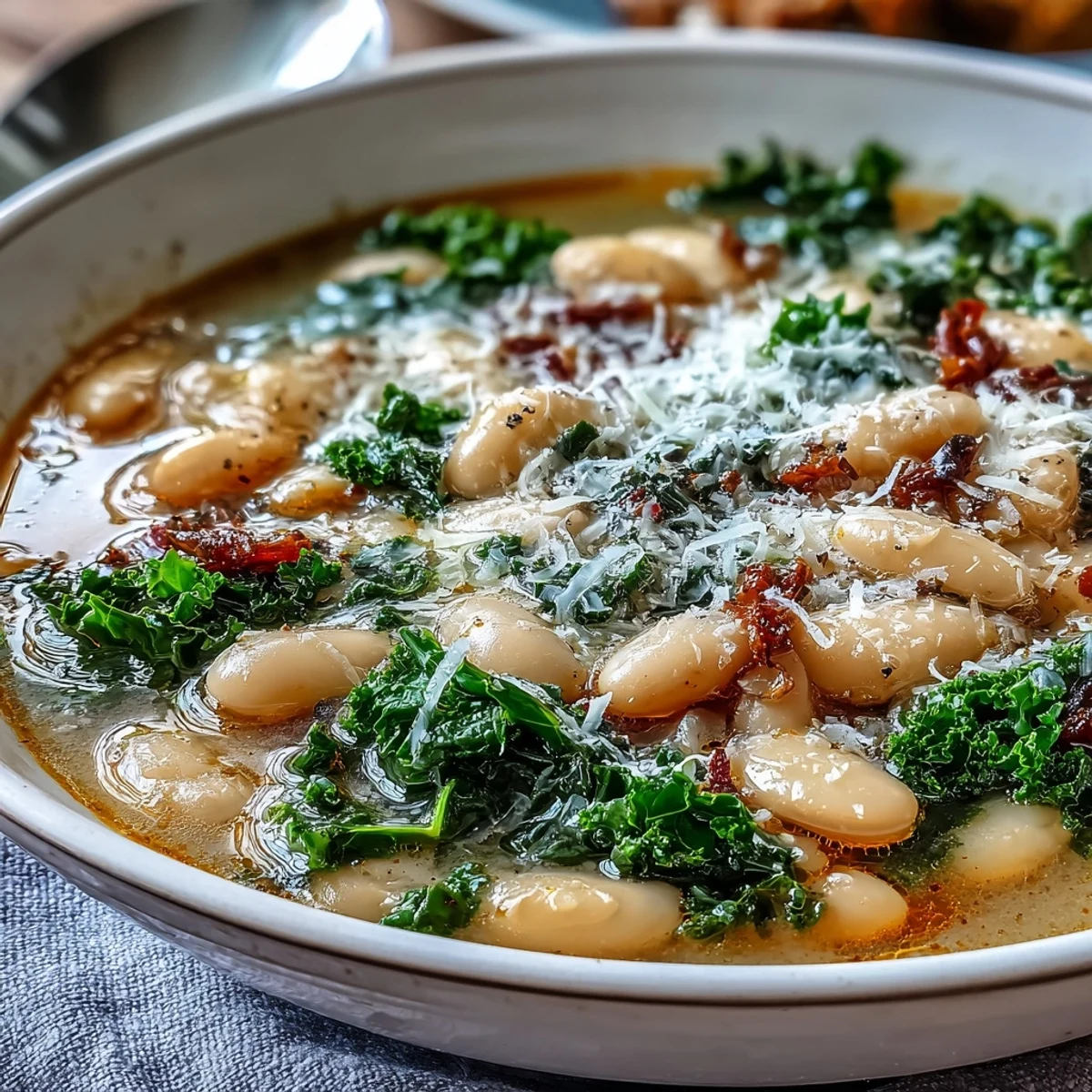 Creamy cannellini beans, wilted kale, and Parmesan cheese create a comforting Tuscan white bean soup perfect for winter.  