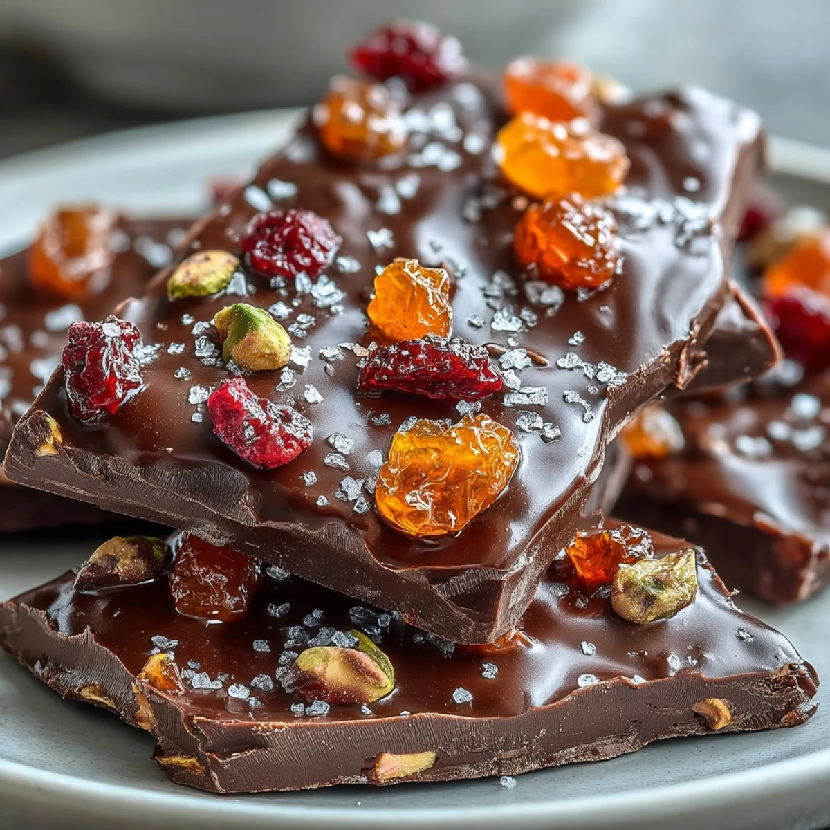 Luxurious dark chocolate bark with candied orange peel, pistachios, and freeze-dried raspberries for an elegant treat.