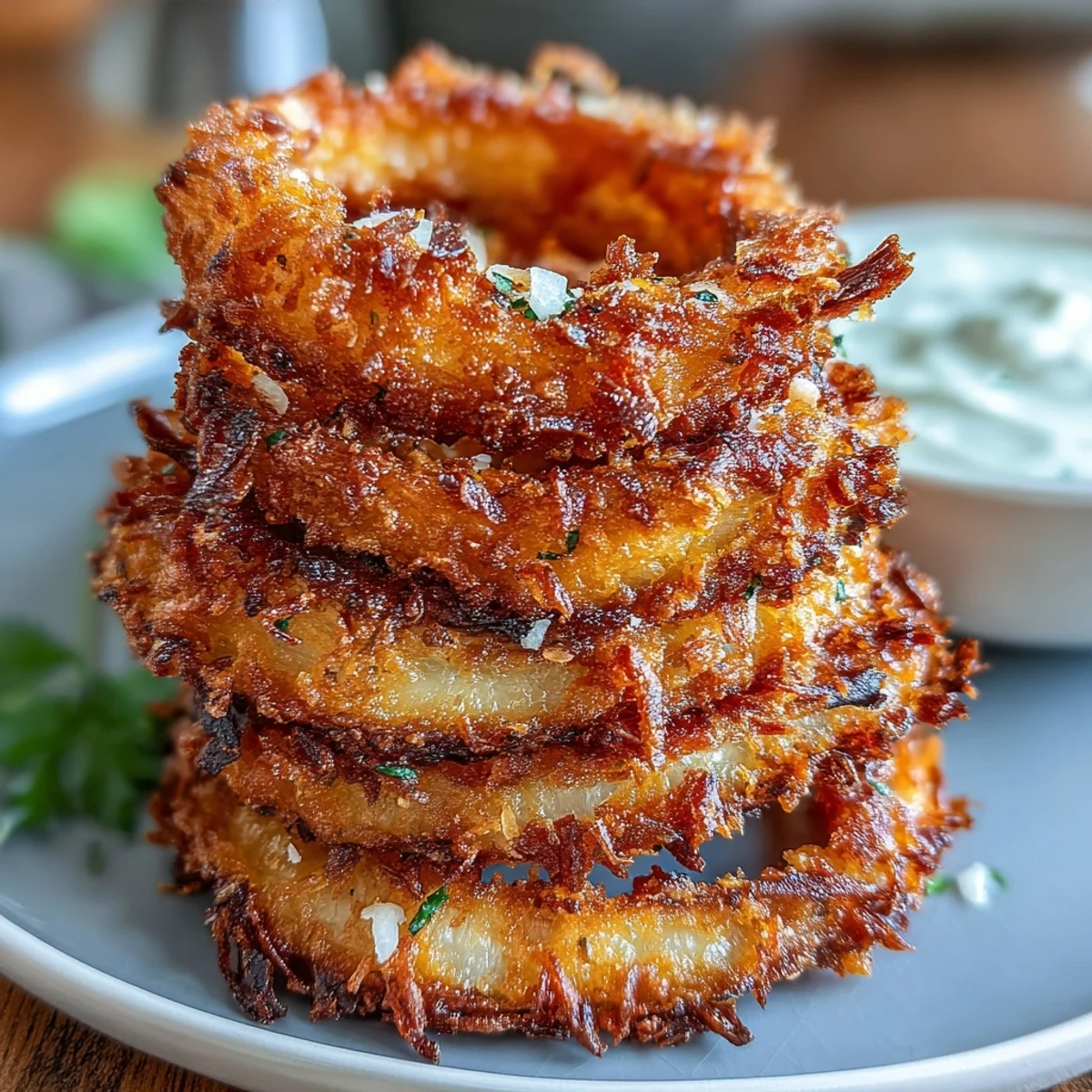 Golden, crispy onion rings made in the air fryer, served with a rich garlic aioli dip for a savory appetizer.  