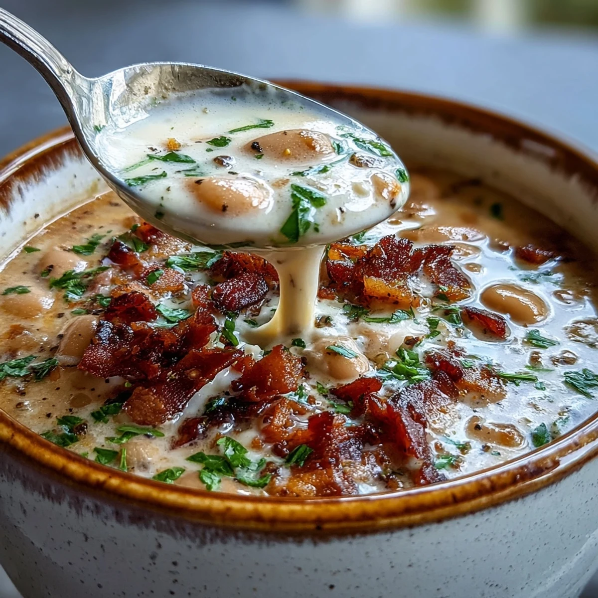 Creamy Ham and White Bean Soup with Herbs in a rustic bowl, garnished with fresh parsley and cracked black pepper.