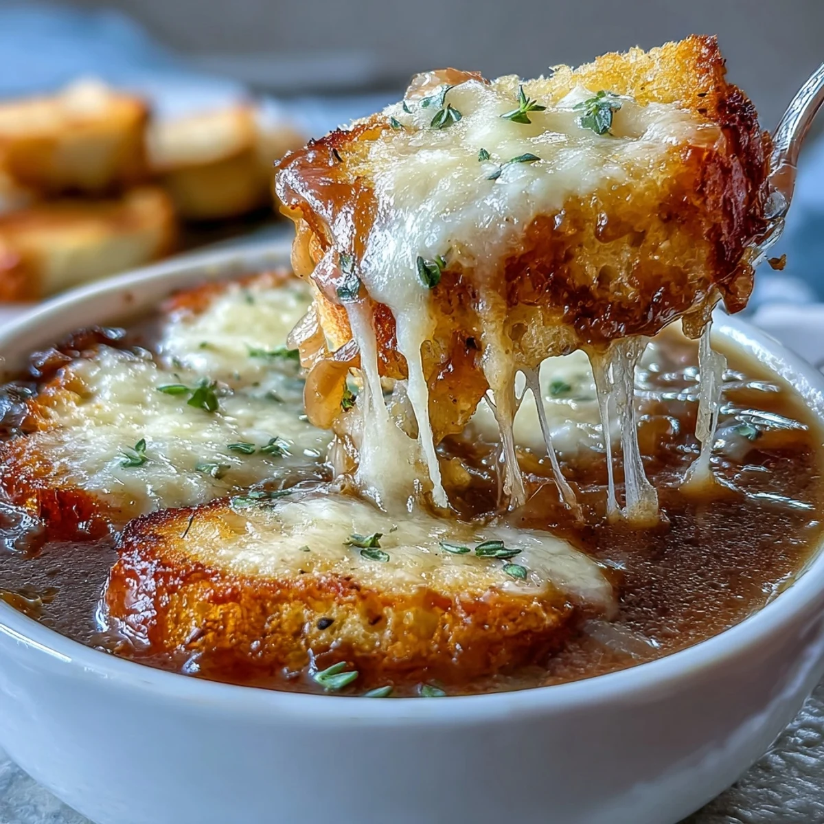 Toasted sourdough baguette rounds topped with melted, bubbly Gruyere cheese, ready to be served with French onion soup.