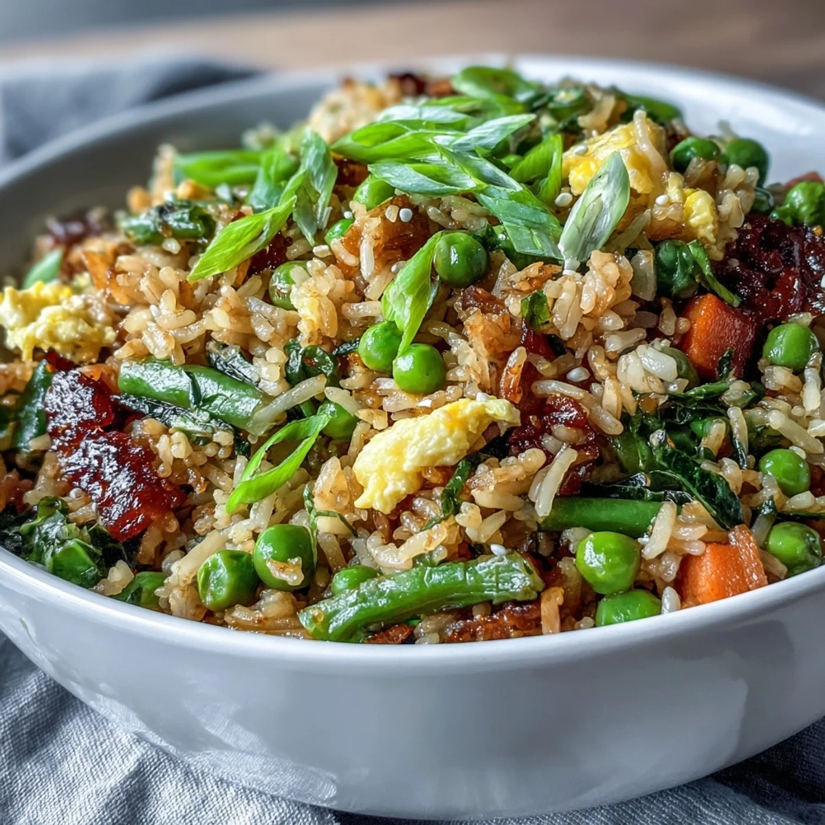 A colorful, veggie-packed fried rice with fresh spring peas, carrots, and bell peppers, perfect for a quick, healthy meal.  