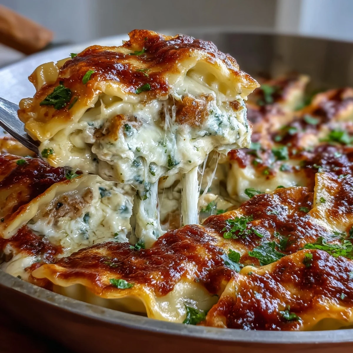 Hearty dumpling lasagna skillet with ground turkey and cabbage, layered with gooey cheese and tomato sauce.  