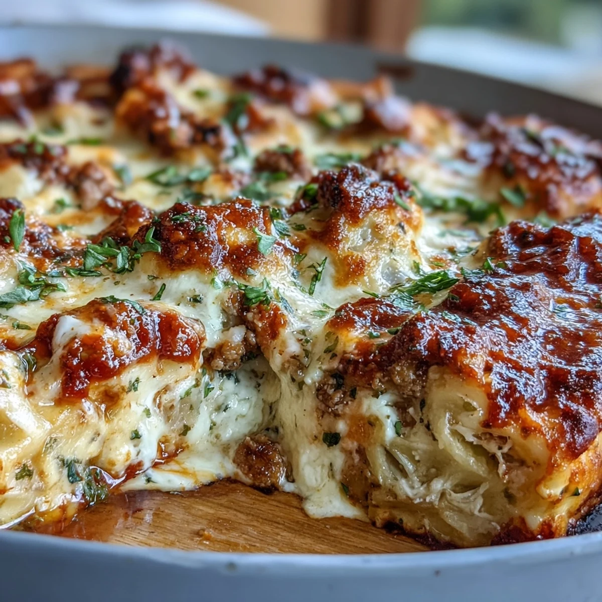 Cheesy dumpling lasagna skillet with ground turkey and cabbage, a satisfying fusion meal with golden melted topping.