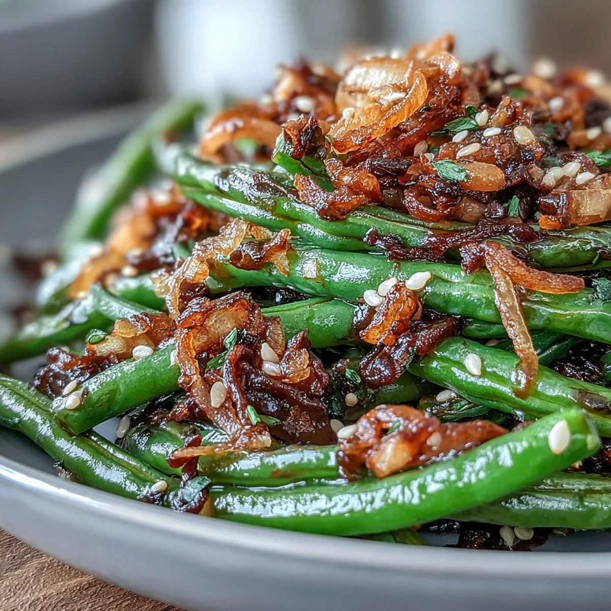 Crispy green beans sautéed with fragrant garlic and sesame, topped with golden fried onions for a savory side dish.