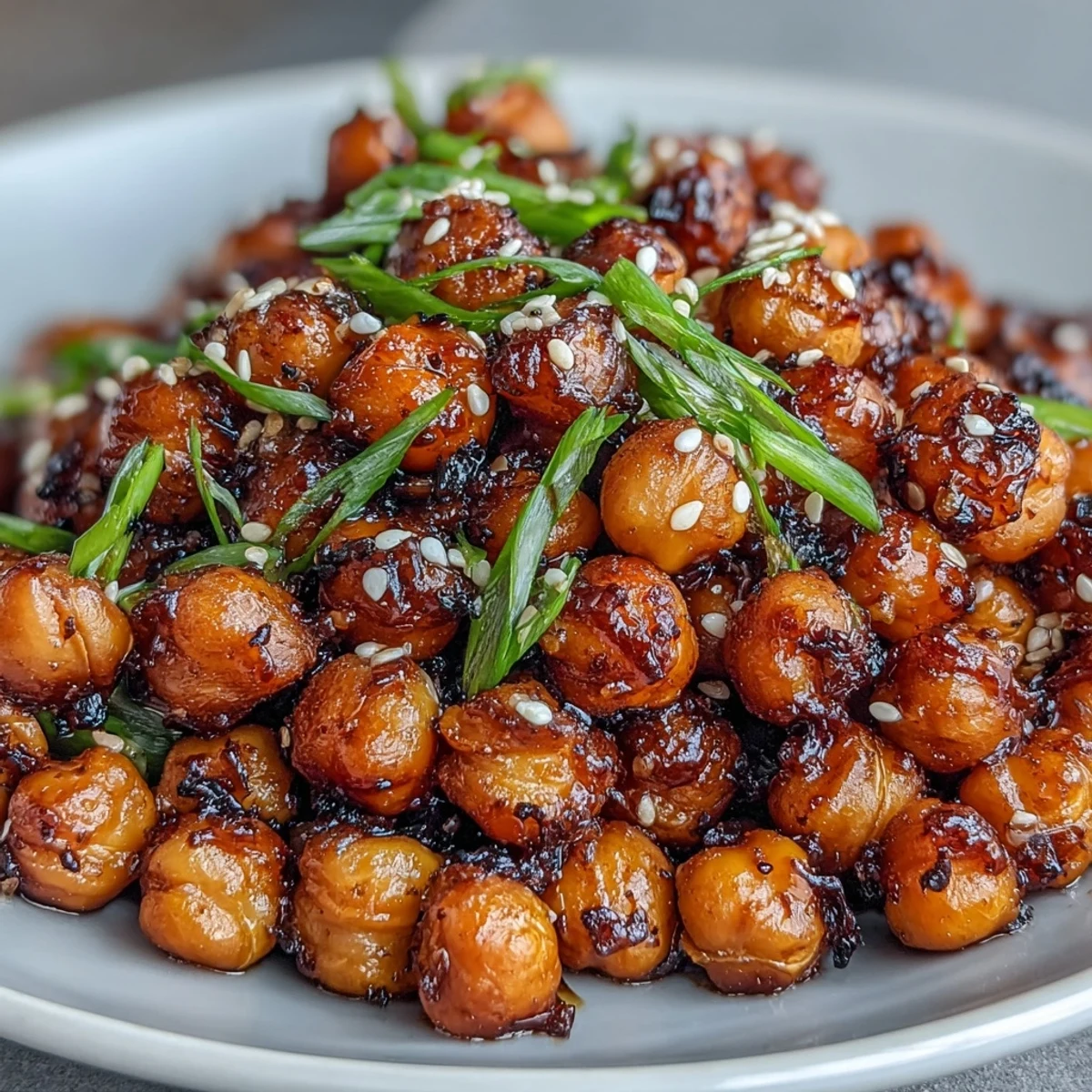 Crispy chili garlic chickpeas served over fragrant jasmine rice with sesame seeds and scallions.  