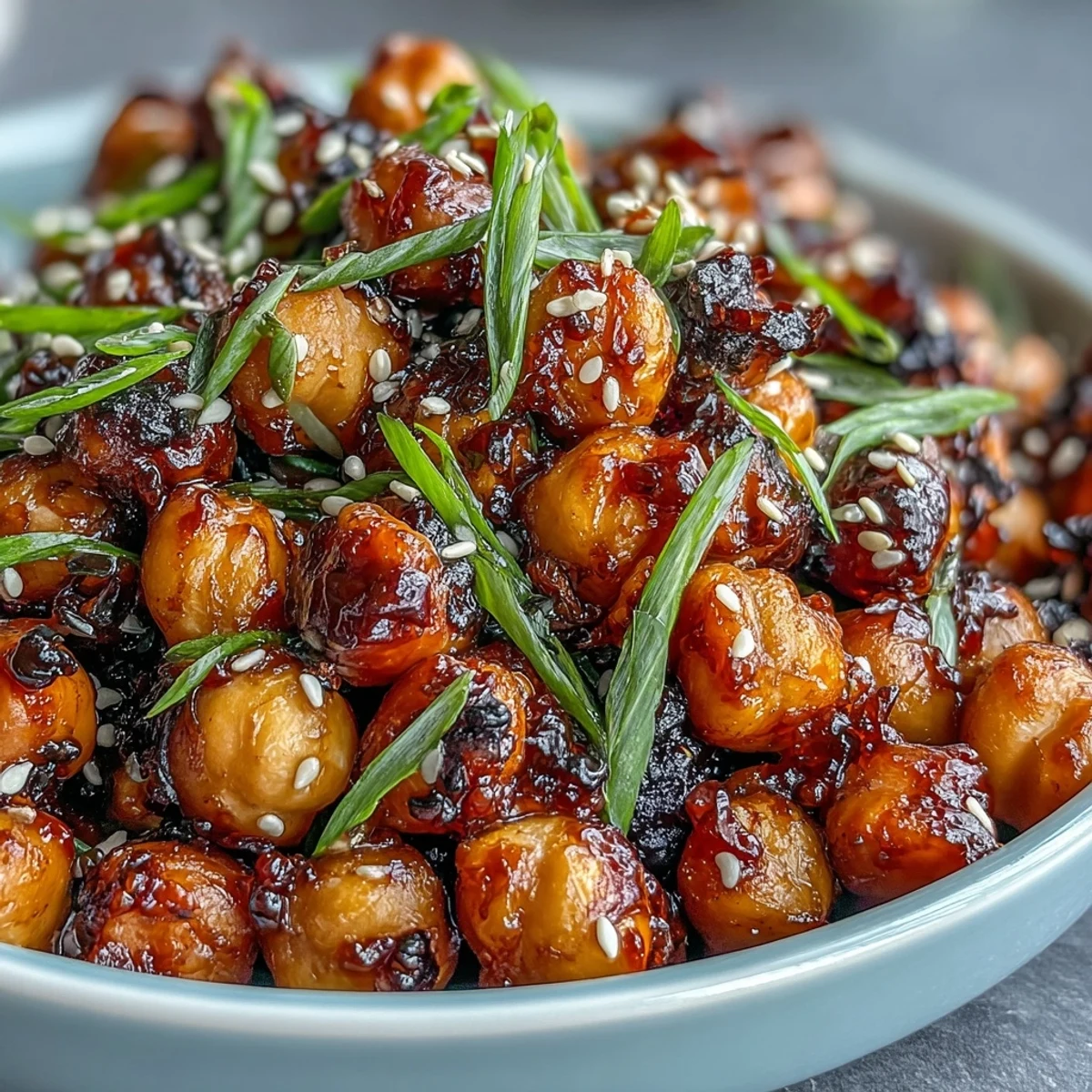 Spicy crispy chickpeas drizzled with chili-garlic glaze, served over jasmine rice for a vegan dinner.