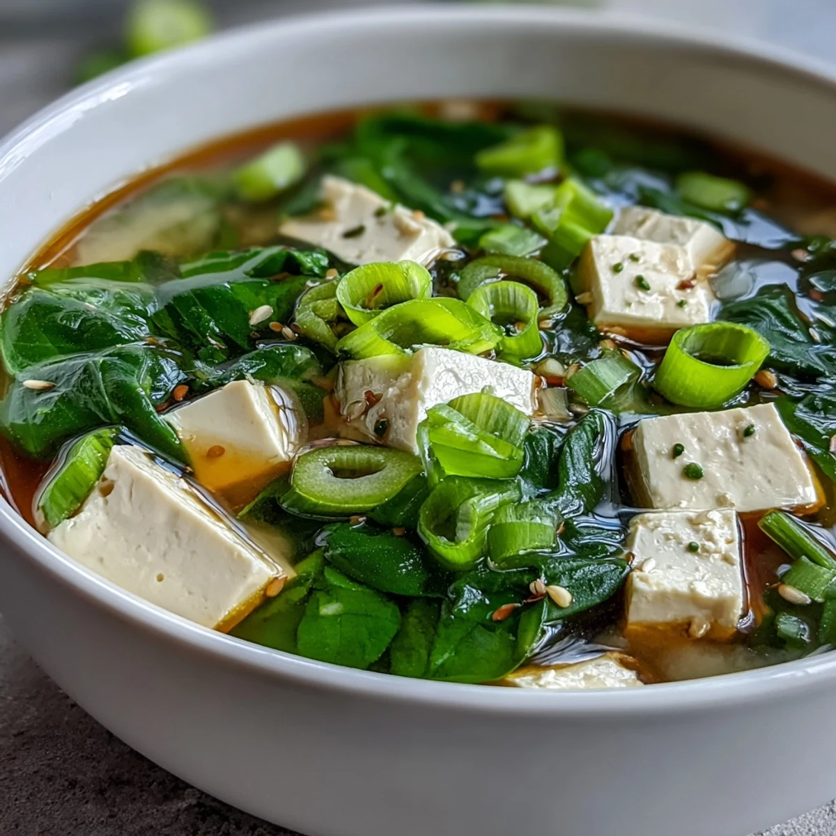 Comforting vegetarian miso soup with silky tofu, leafy greens, and aromatic green onions served hot.