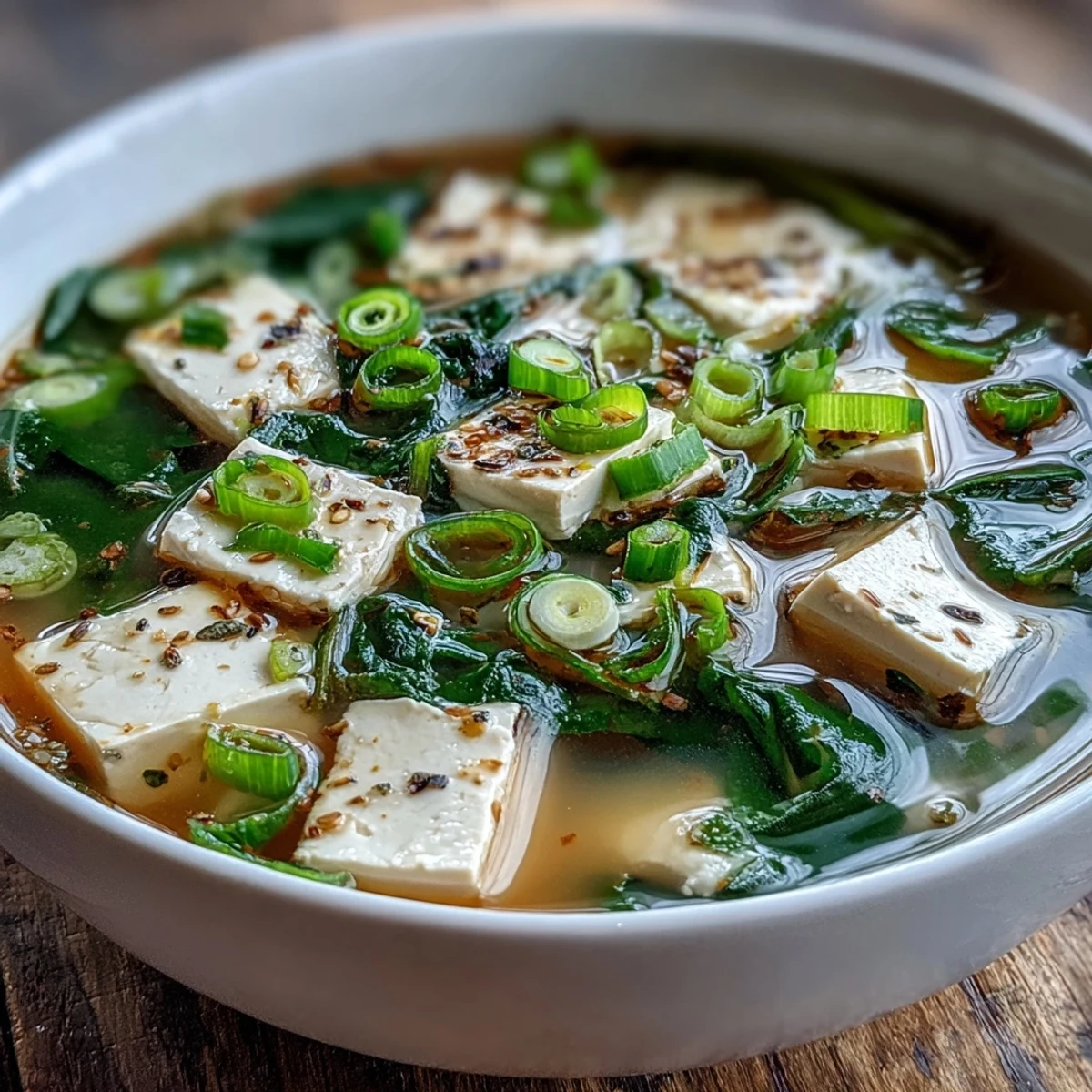 Japanese miso soup featuring tender tofu cubes, wilted spinach, and sliced scallions in a light dashi stock.  