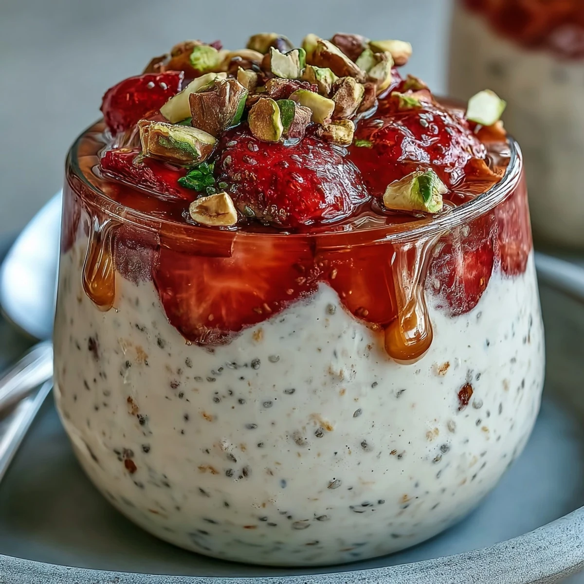 Layered overnight oats with strawberries and pistachios, perfect for a quick, wholesome breakfast, topped with a swirl of honey.