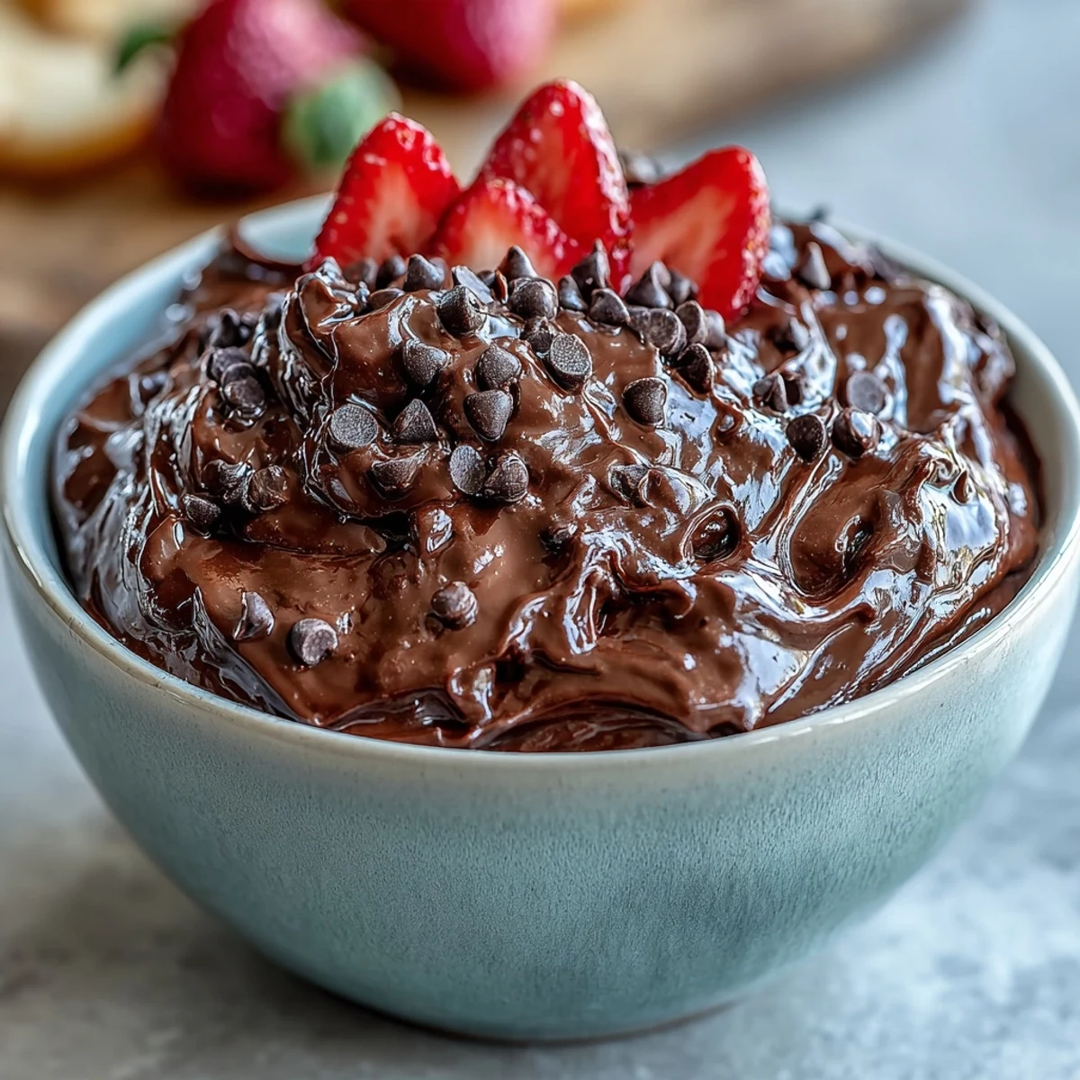 Velvety cottage cheese brownie batter dip paired with a colorful platter of fresh fruit, perfect for a guilt-free sweet treat.