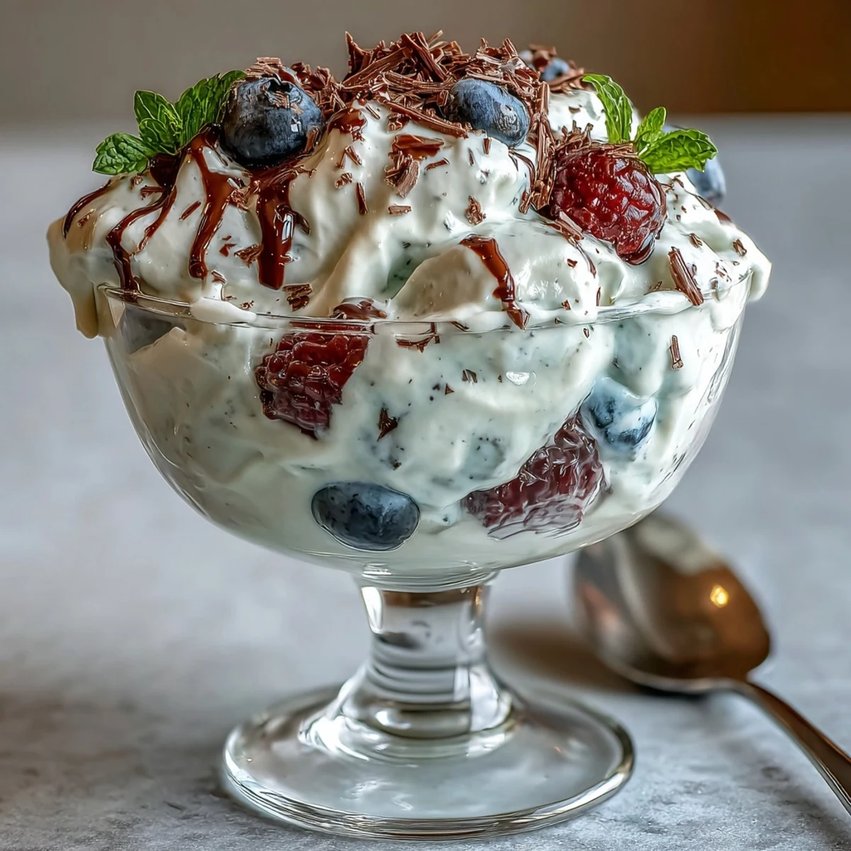 Fluffy Yogurt Berry Sundaes with Dark Chocolate Shavings in clear glass cups, layered with creamy yogurt, fresh mixed berries, and rich dark chocolate shavings.
