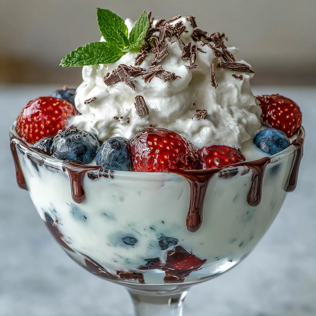 Creamy yogurt and vibrant berries topped with dark chocolate shavings, creating an elegant and refreshing Fluffy Yogurt Berry Sundae perfect for dessert.