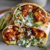 Golden-baked vegan buffalo cauliflower florets tossed in tangy sauce, layered with creamy ranch slaw and avocado slices in warm flour tortillas for a colorful wrap.