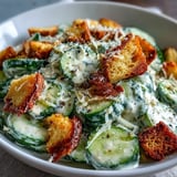 A refreshing cucumber Caesar salad with crisp cucumber slices tossed in creamy, tangy dressing, topped with crunchy croutons and Parmesan.
