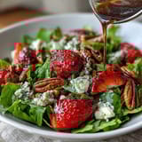Spring Dinner Party Strawberry Arugula Salad with Balsamic Glaze, showcasing vibrant strawberries, peppery arugula, creamy goat cheese, and toasted nuts.