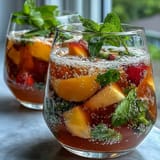 A vibrant pitcher of Mango Peach Sangria brimming with fresh mango chunks and peach slices, served over ice with mint garnish.
