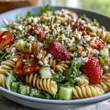 Light and refreshing spring pasta salad featuring sweet strawberries, tangy feta, and peppery arugula.  