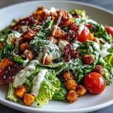 Creamy Vegan Caesar Salad topped with golden, crunchy chickpea croutons, ready to enjoy.