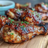 Juicy BBQ chicken drumsticks with a sticky, spicy peach glaze.