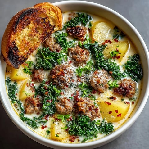 Creamy Quick Zuppa Toscana, a comforting soup swirling with Italian sausage and kale.
