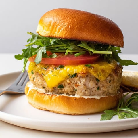 Stacked garlic butter turkey burger sliders, glistening cheese, and vibrant greens on toasted buns.