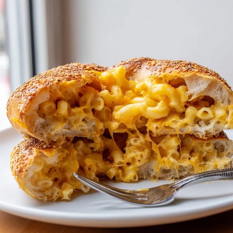 Close-up of a golden, cheesy Mac and Cheese Cheddar Jalapeño Bagel, fresh from the oven.