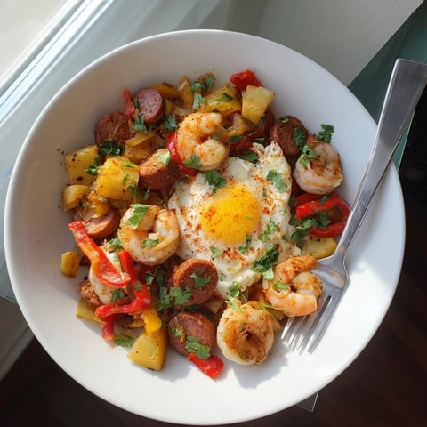 Golden Shrimp Chorizo Breakfast Skillet bubbling hot, garnished with cilantro, ready to serve.