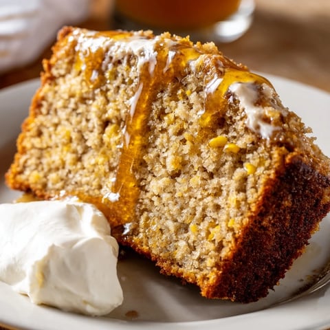 Moist Maple Bourbon Sweet Corn Pancake Loaf ready for brunch, drizzled with syrup.  