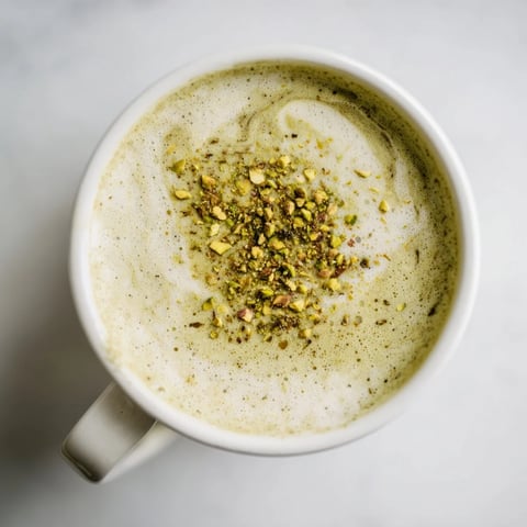 Indulge in a creamy pistachio milk latte topped with crushed nuts.  