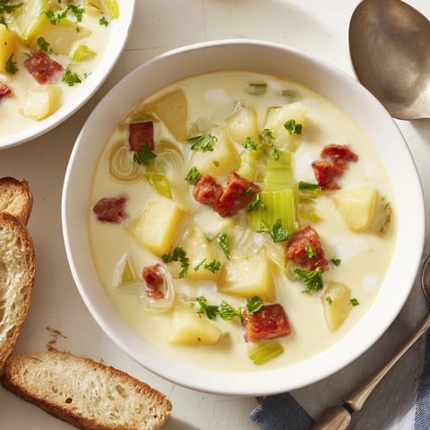 Warm and comforting Potato, Leek & Chorizo Soup Bowl served with crusty bread.  