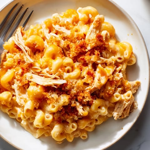 Creamy Classic Mac & Cheese with BBQ Chicken, topped with golden breadcrumbs and cheese.  