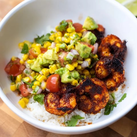 Blackened shrimp bowl featuring succulent shrimp, vibrantly colored avocado corn salsa, and fluffy rice.