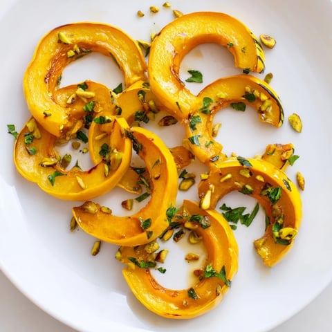 Golden brown baked delicata squash rings, glazed with maple, topped with pistachios, ready to serve.