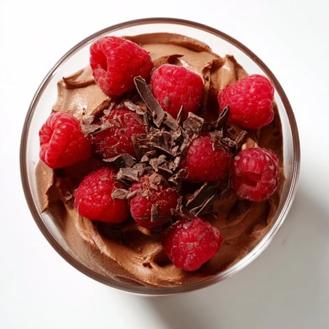 Smooth, decadent avocado chocolate mousse crowned with bright red raspberries, ready to eat.