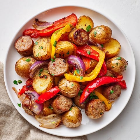 Sheet-Pan Sausage with Peppers and Potatoes: A colorful sheet-pan meal with sizzling sausages and roasted veggies.