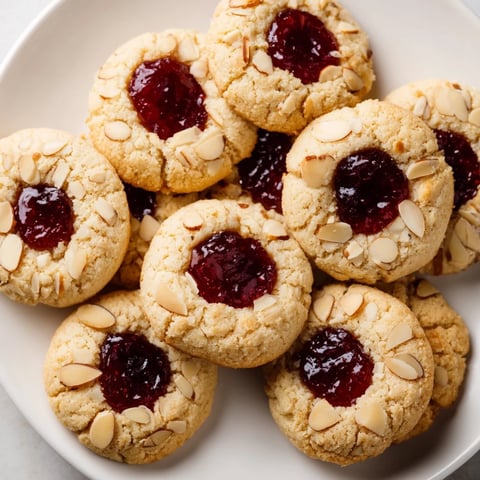 Golden-brown Cherry Almond Thumbprint Cookies, showcasing a perfect jam-filled thumbprint and a sprinkle of almonds.