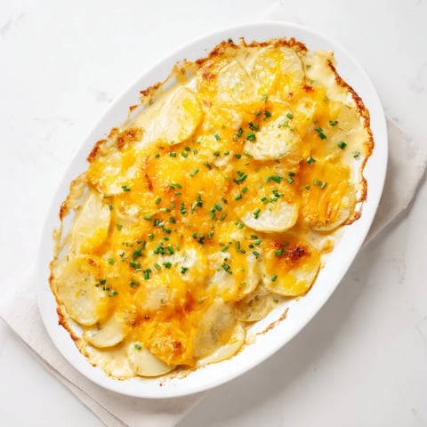 Golden, bubbly Cheesy Scalloped Potatoes with perfectly tender layers and a creamy cheese sauce.