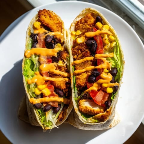 Southwest Chicken Wrap, showing a delicious wrap cut in half with vibrant fillings spilling out.