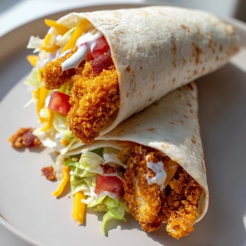 Golden-brown crispy chicken bacon ranch wrap, overflowing with fresh ingredients for a satisfying lunch.