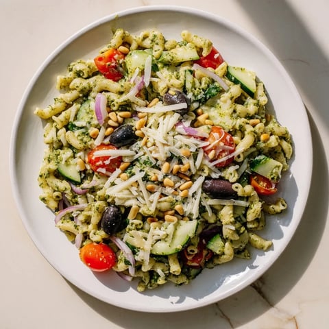 Caesar Pesto Ditalini Salad: A colorful bowl of pasta tossed with fresh pesto and juicy cherry tomatoes.