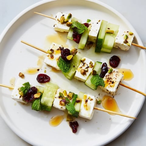 Holiday Cranberry-Feta Skewers: a beautiful appetizer with feta, cranberries, and fresh mint on skewers.